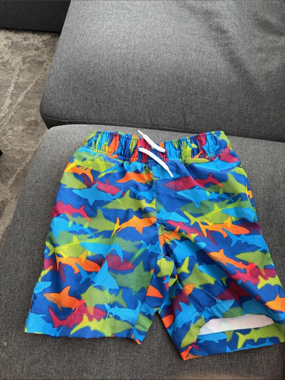 Lands End Kids Blue Shark-Print Swim Shorts Sz 6